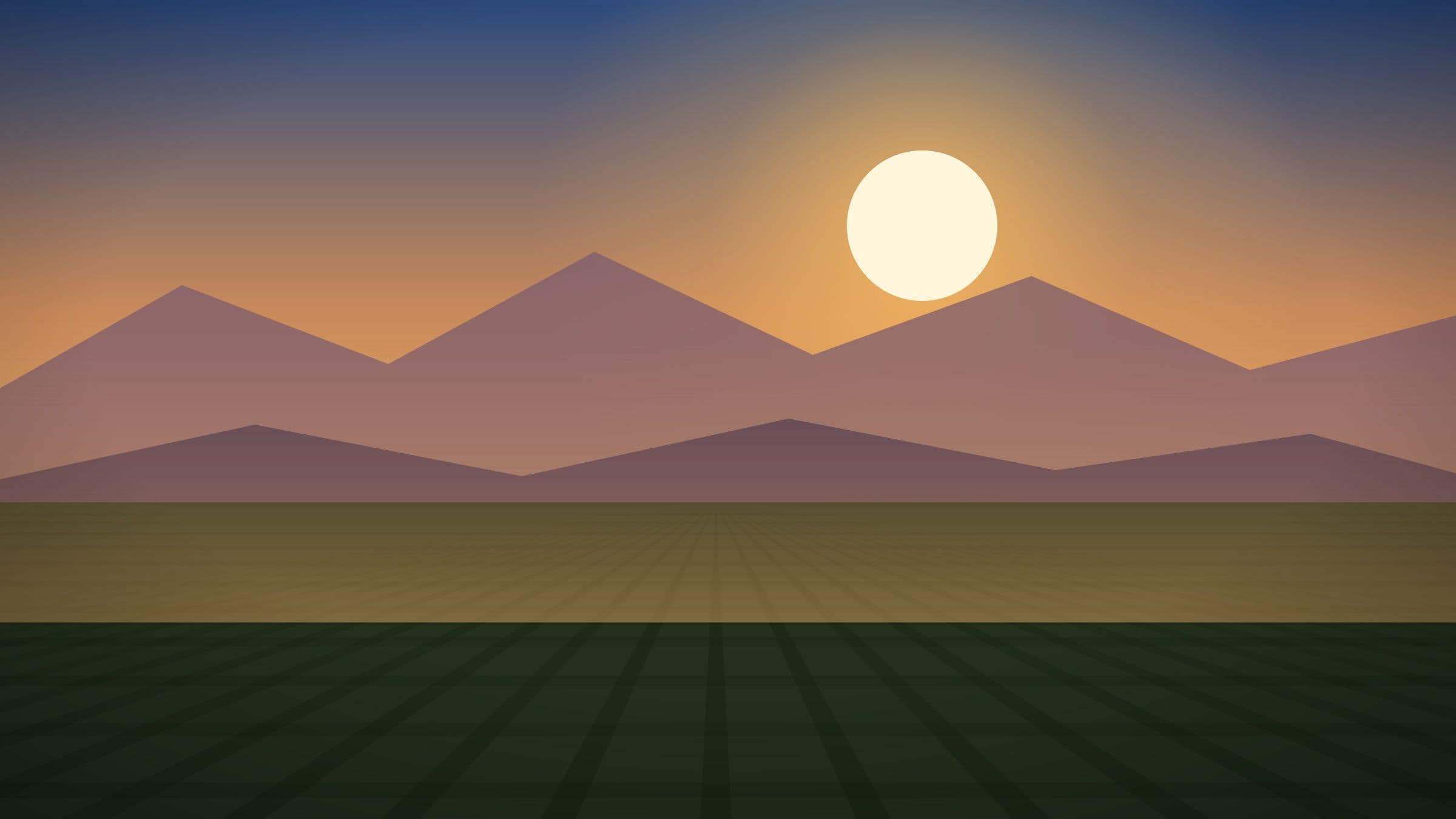 Ilustración de hileras de viñedo al atardecer, con el sol bajando detrás de la Cordillera