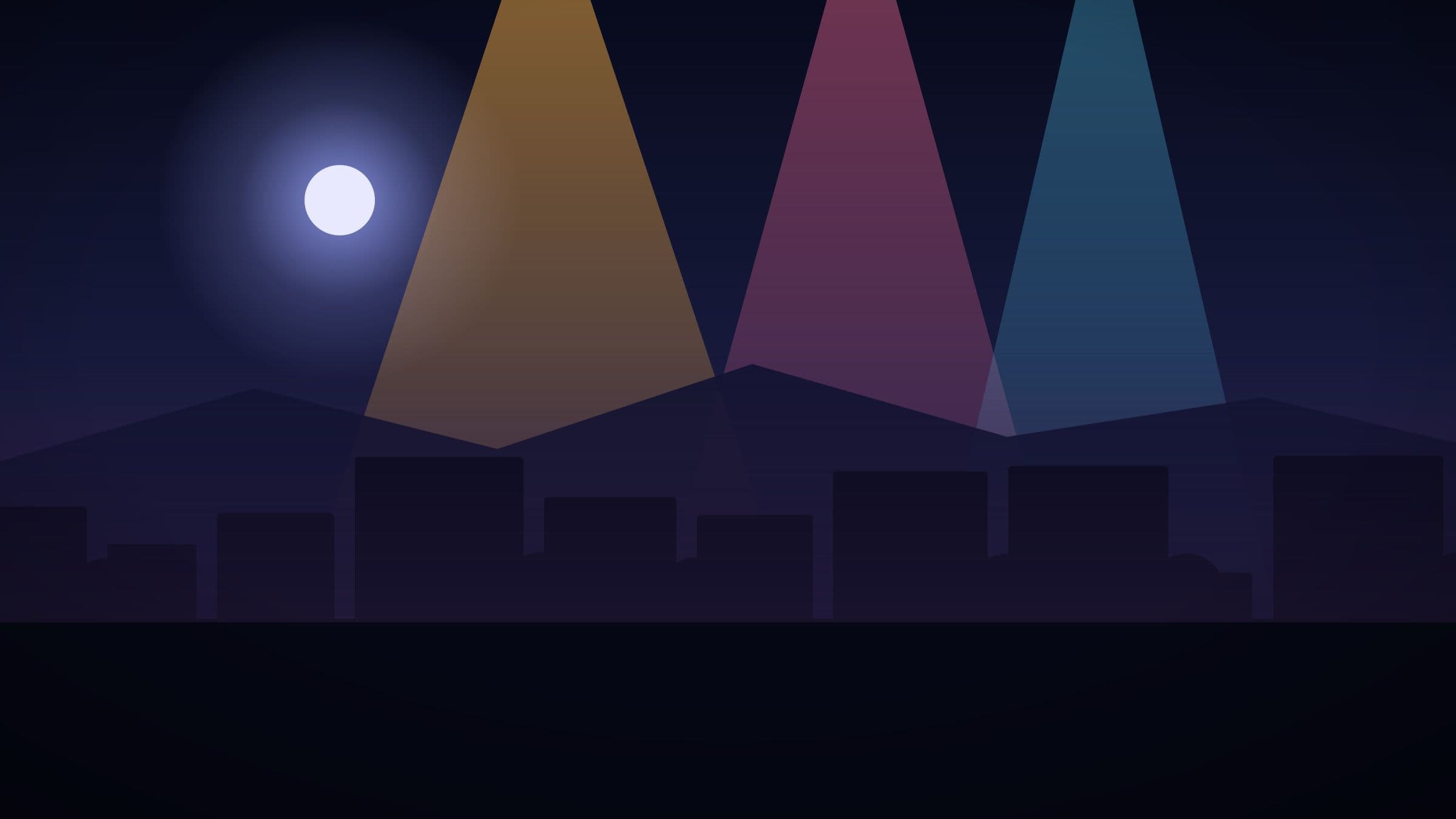 Ilustración nocturna de Mendoza con haces de luz de escenario cayendo sobre la silueta de la ciudad