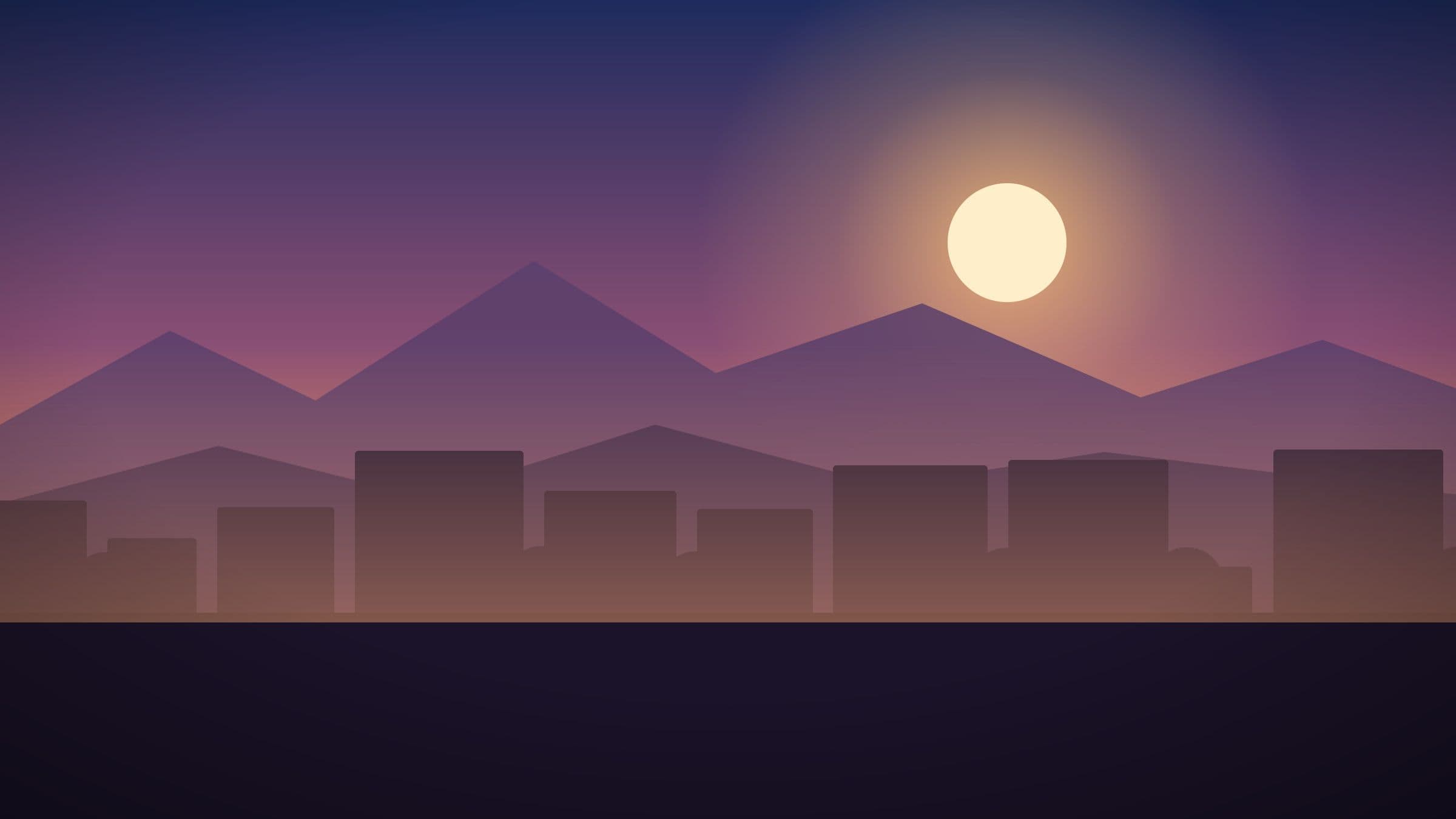 Ilustración de la ciudad de Mendoza al atardecer, con la silueta de la Cordillera de los Andes detrás