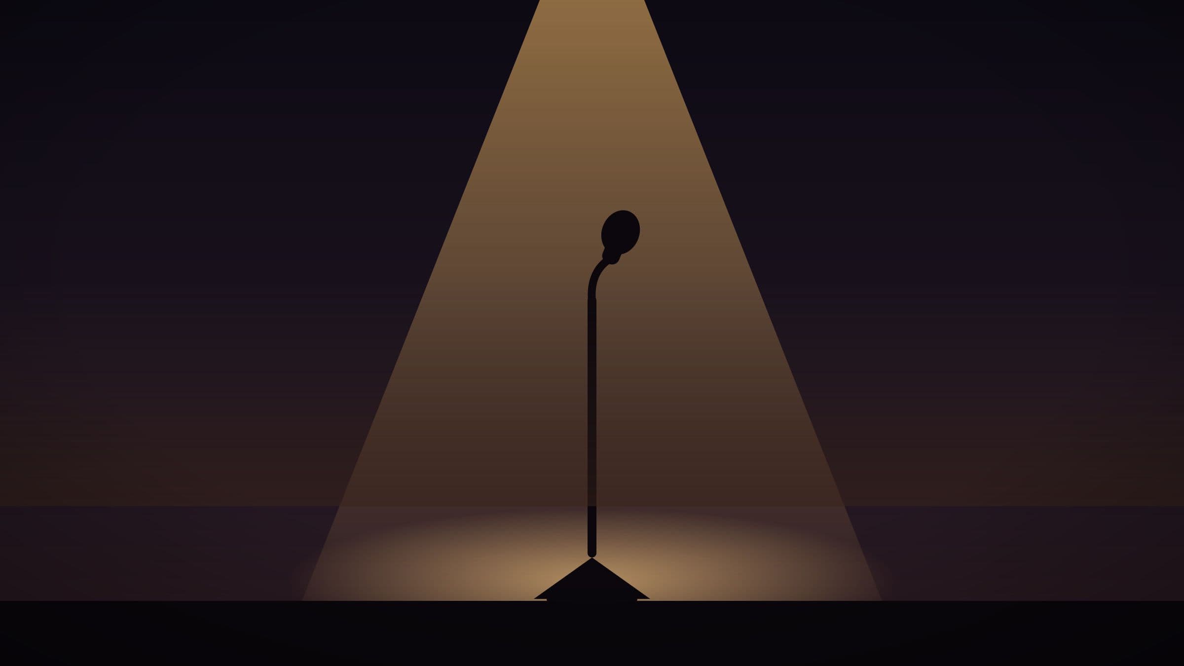 Ilustración de un micrófono con pie en un escenario vacío, iluminado por un único foco cálido